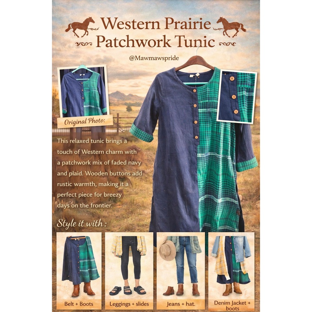 Karigari Western Prairie Patchwork Tunic Navy Green Plaid XXL‎ Wooden Buttons